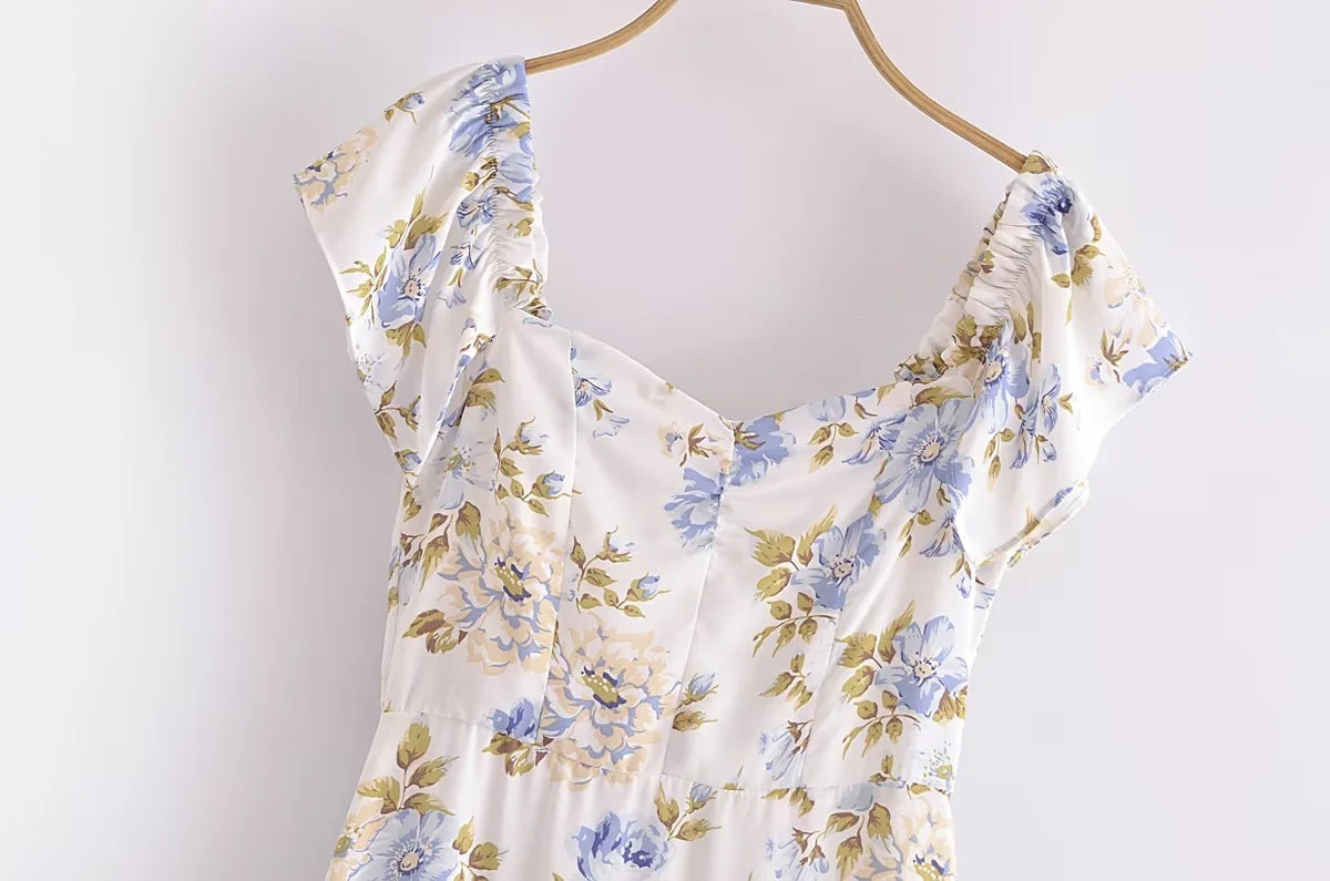 European And American Fashion Floral Printed Off-shoulder Off-shoulder Collar Dress