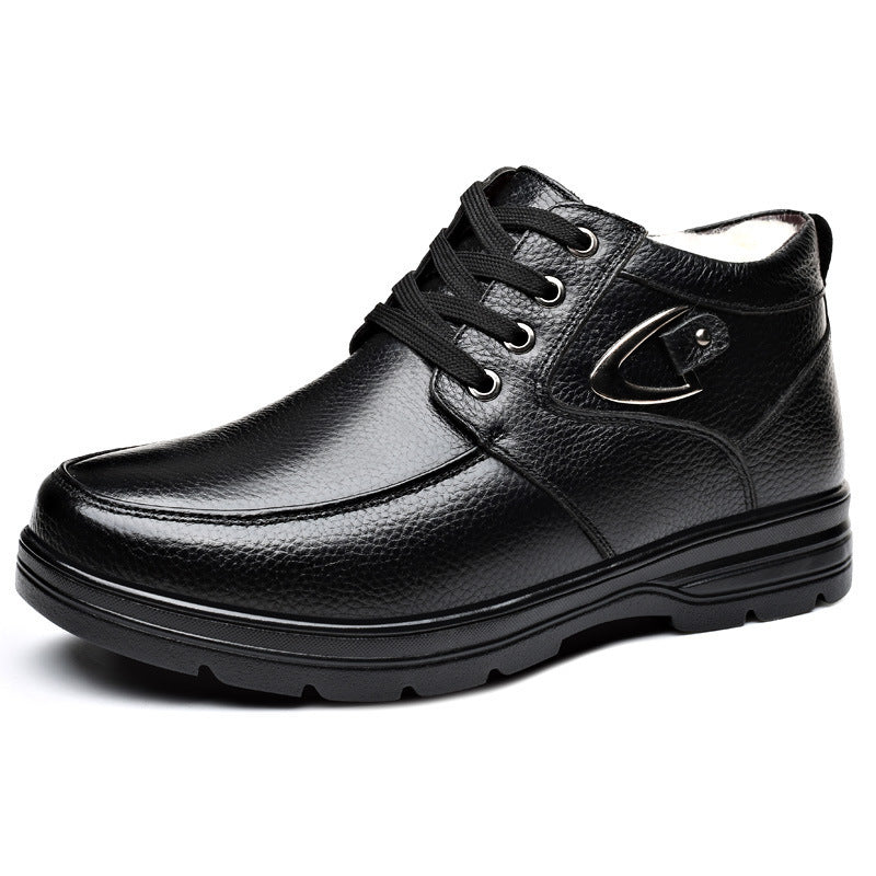 Thick Fleece-Lined Leather Shoes for Middle-Aged and Elderly Men, Warm Winter Footwear