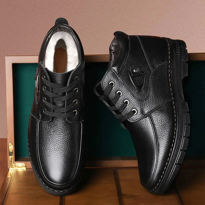 Thick Fleece-Lined Leather Shoes for Middle-Aged and Elderly Men, Warm Winter Footwear