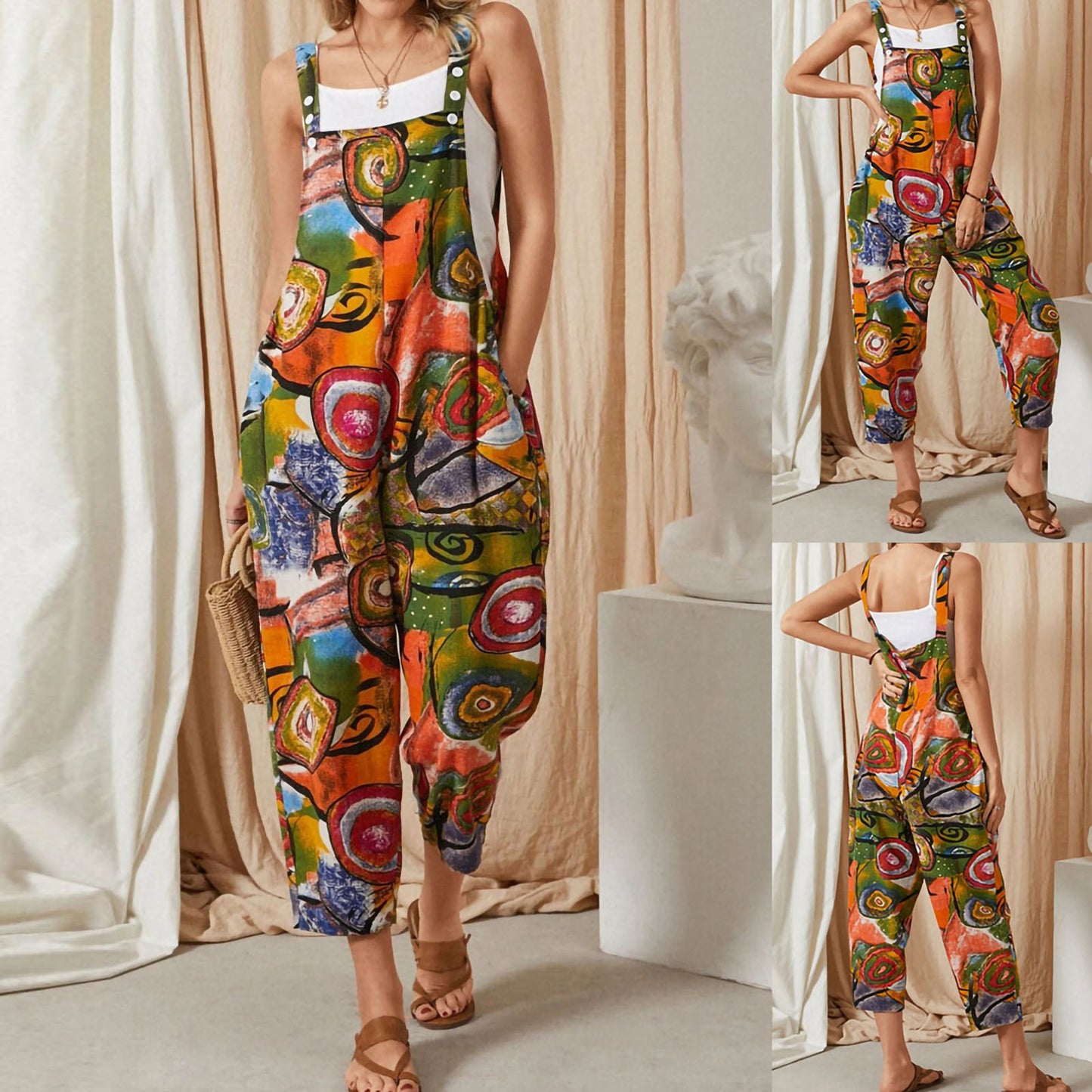 Loose Retro Printed Cotton And Linen Women's Jumpsuit