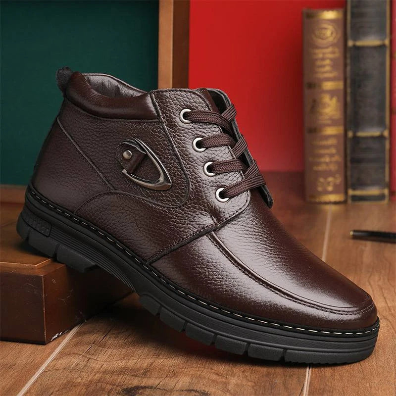 Thick Fleece-Lined Leather Shoes for Middle-Aged and Elderly Men, Warm Winter Footwear