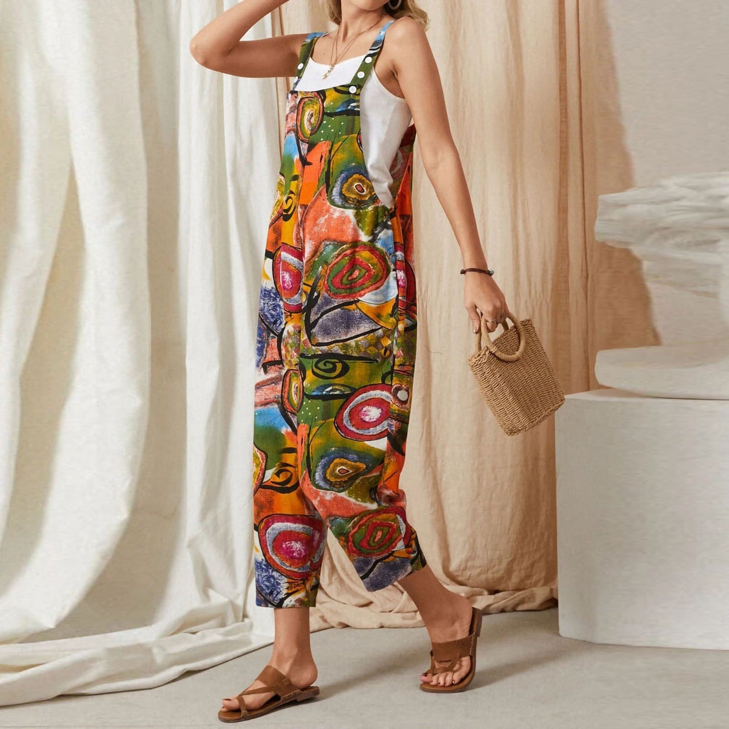 Loose Retro Printed Cotton And Linen Women's Jumpsuit