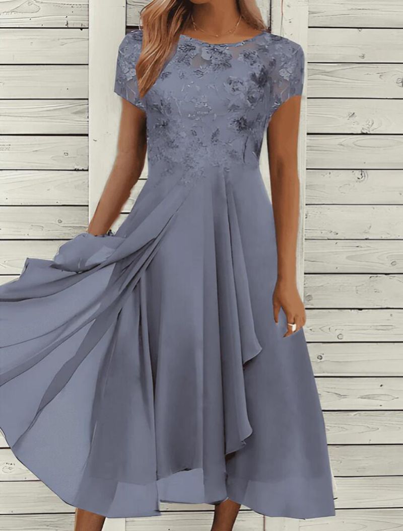 Women's Fashionable Elegant Chiffon Patchwork Round Neck Lace Hollow-out Dress