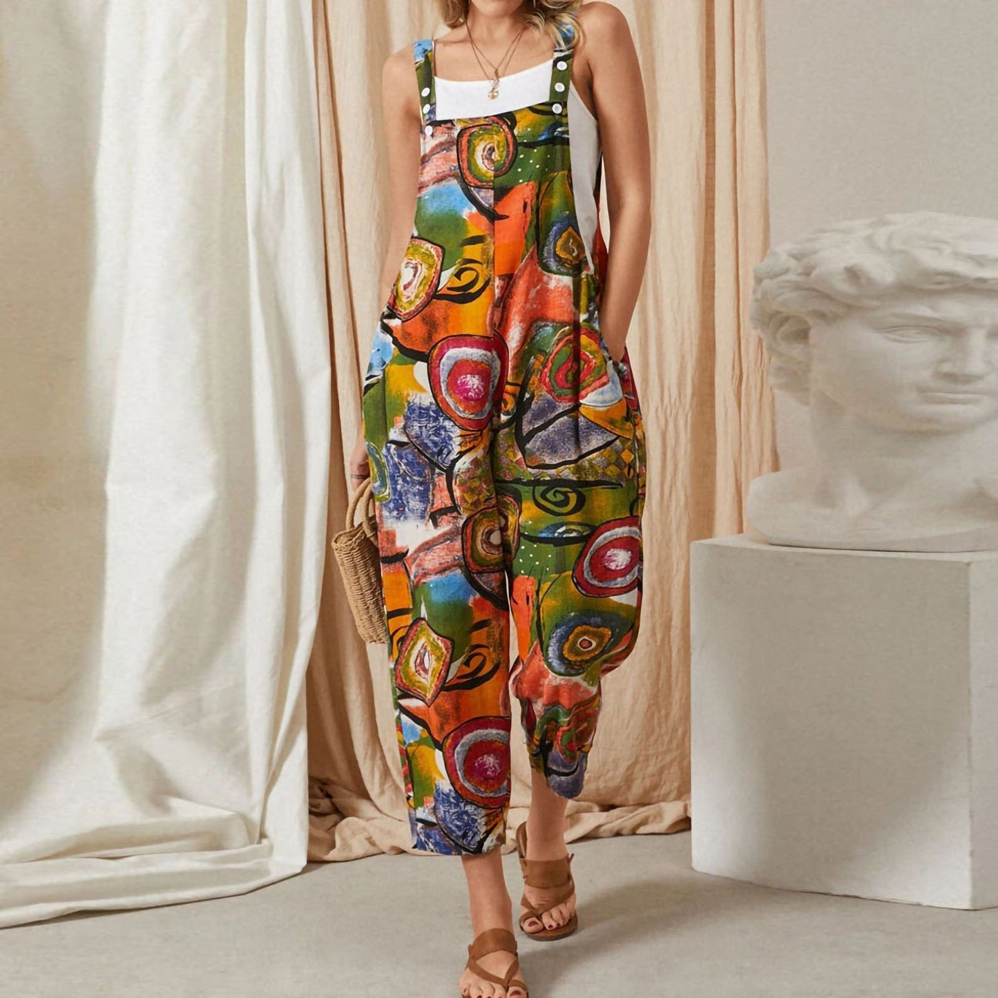 Loose Retro Printed Cotton And Linen Women's Jumpsuit