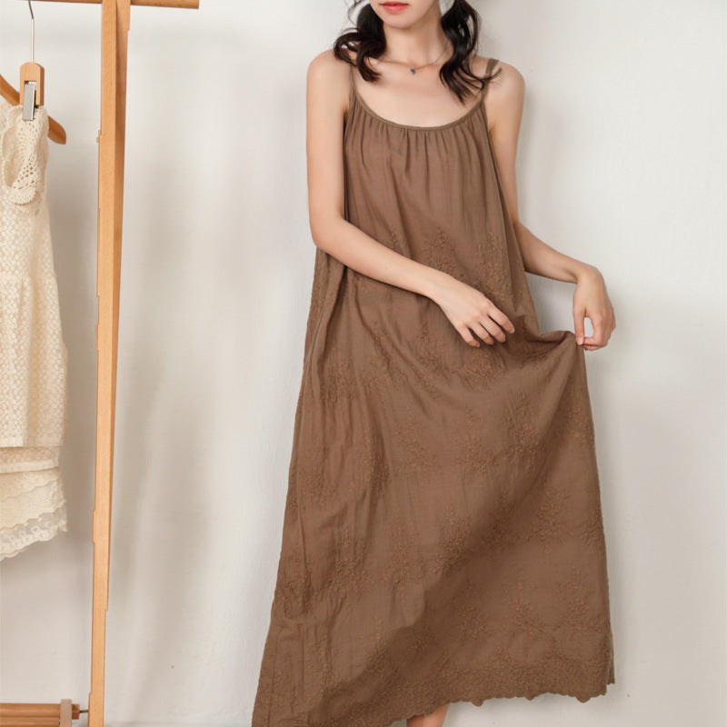 Embroidered Loose Waist Strap Base Cotton And Linen Dress