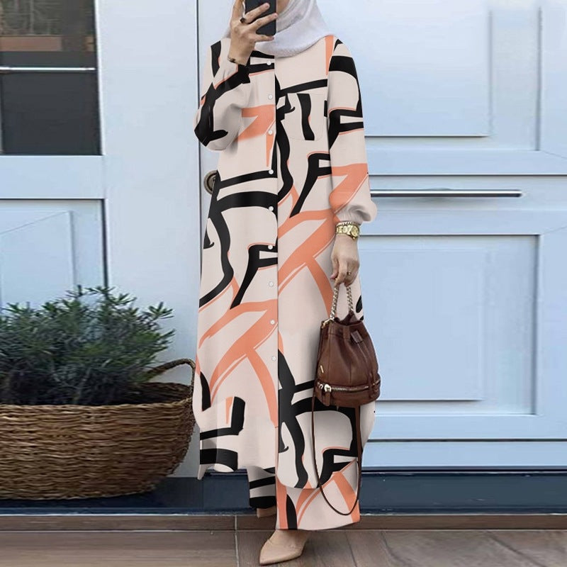 Muslim Suit Two-piece Spring And Autumn Clothing Retro Long Shirt Wide Leg Pants Suit