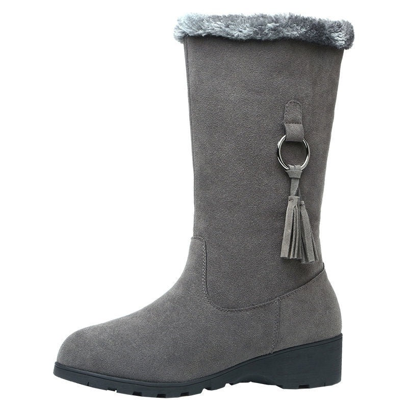 New Autumn and Winter Long Furry Collar Fleece-lined Martin Boots