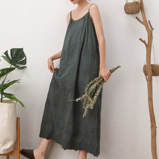 Embroidered Loose Waist Strap Base Cotton And Linen Dress