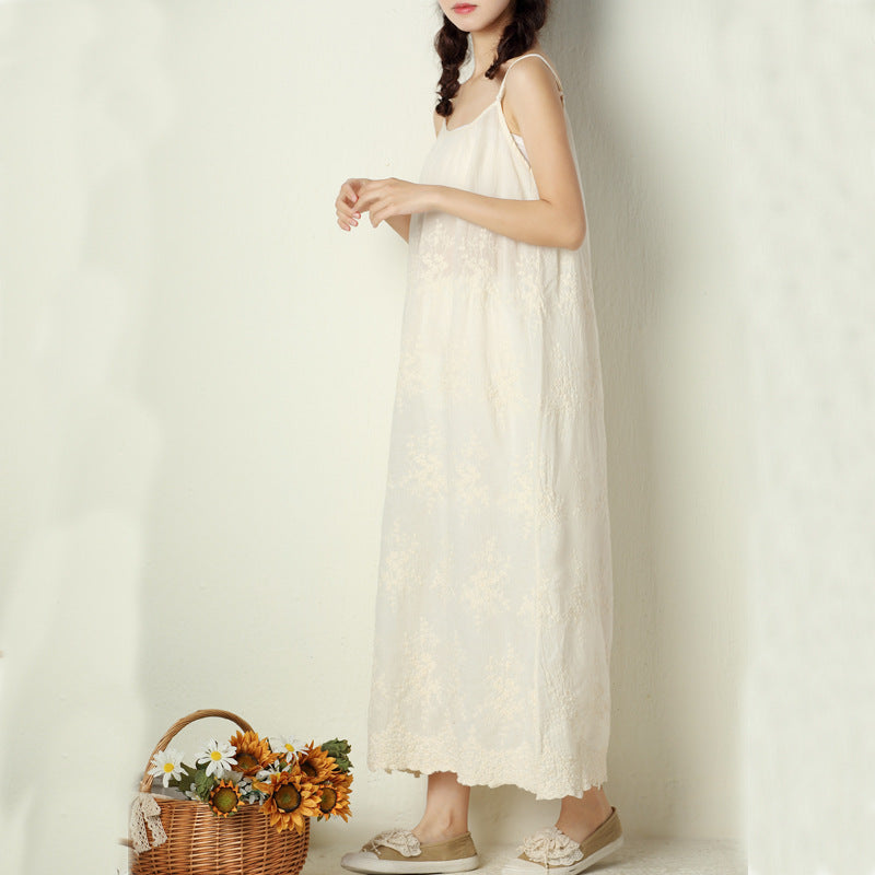 Embroidered Loose Waist Strap Base Cotton And Linen Dress