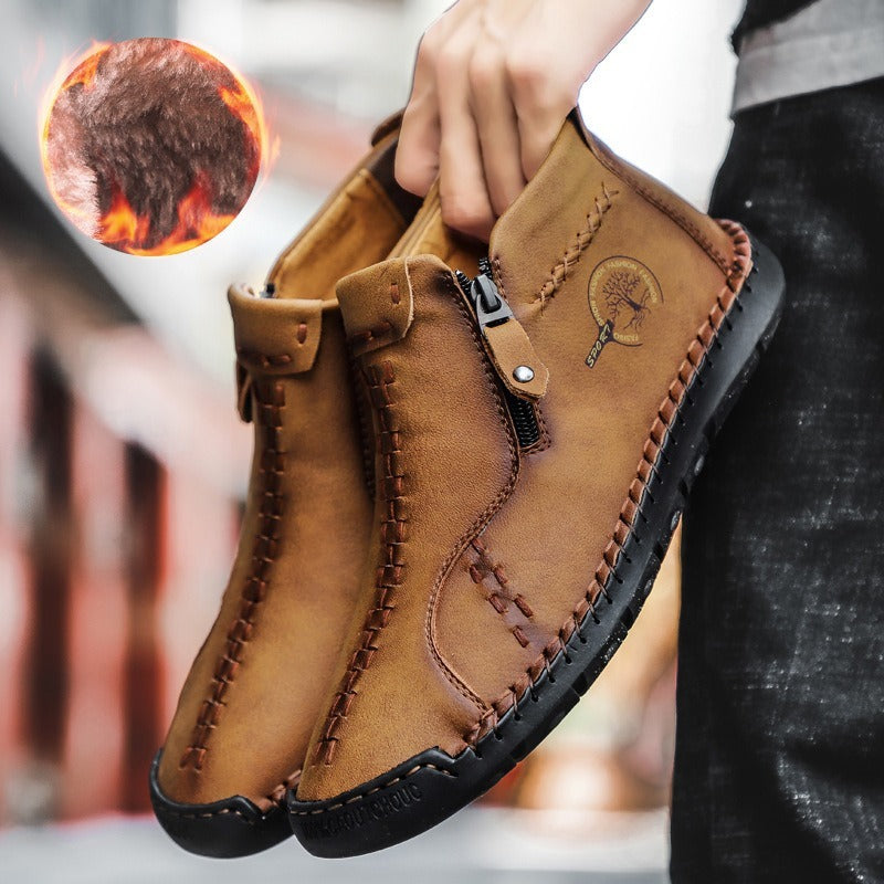 High-Top Handmade Leather Boots with Thick Bottoms