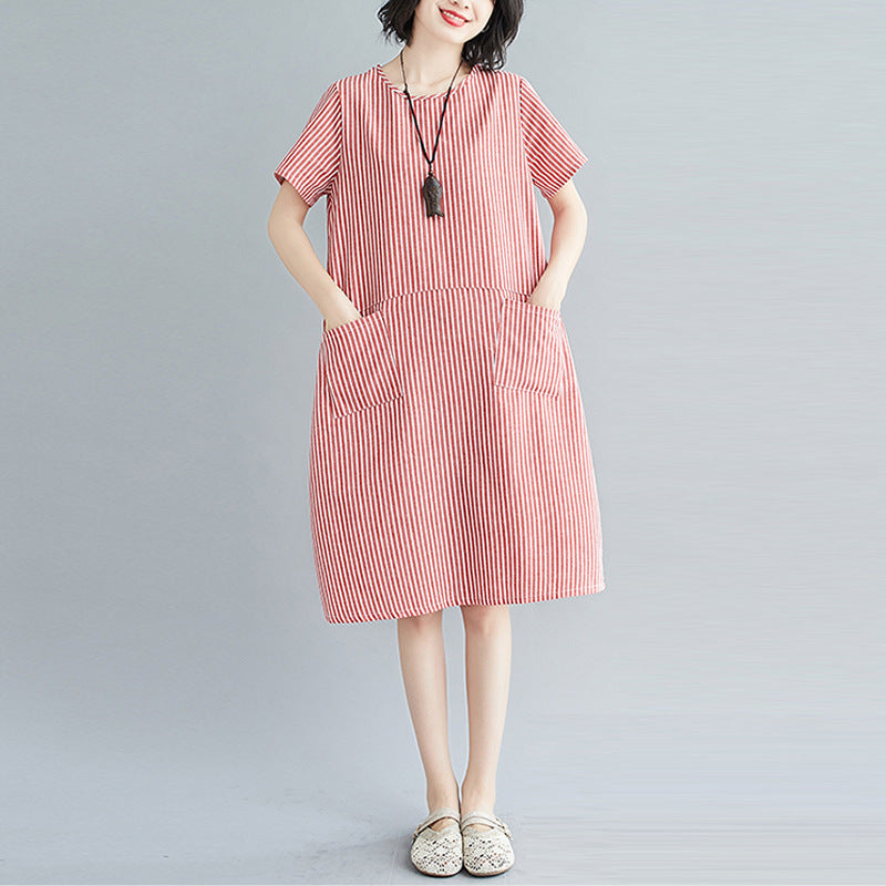 Literary Loose Striped Cotton And Linen Round Neck Short-sleeved Dress For Women