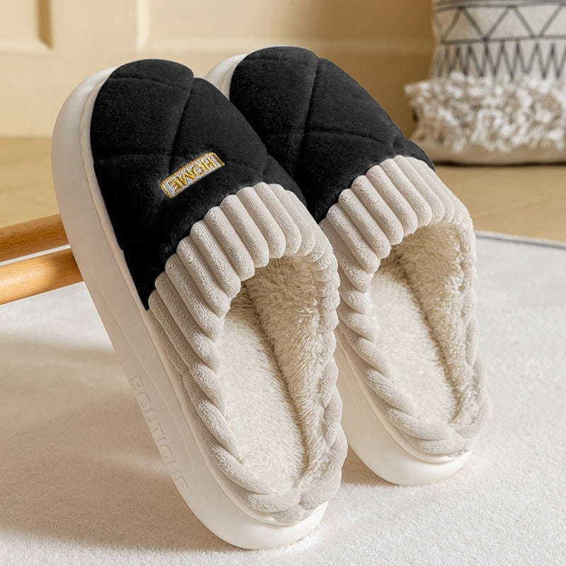 Men's Rhombic Stitch Plush Winter Slippers, Warm Non-slip House Shoes for Women and Couples