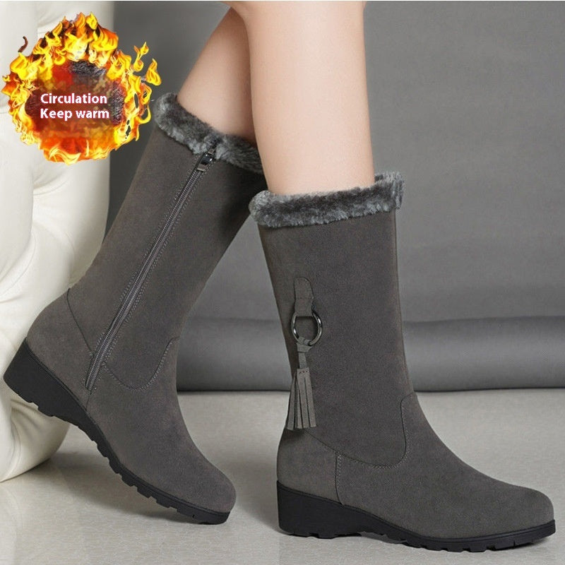 New Autumn and Winter Long Furry Collar Fleece-lined Martin Boots