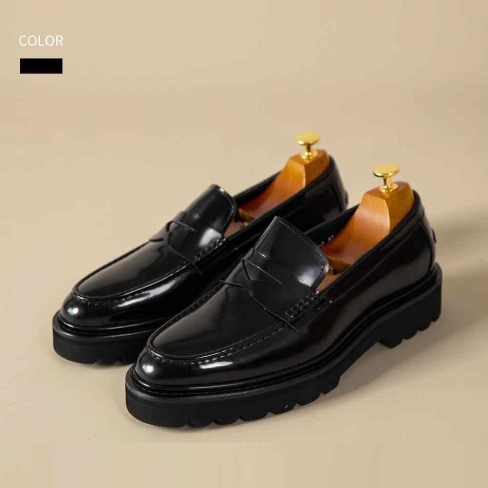 Handmade Slip-On Leather Shoes with Thick Bottom and Height-Increasing Design – Business Casual Style