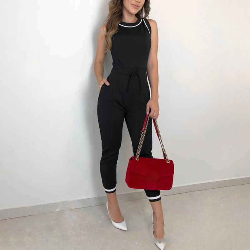 Round Neck Sleeveless Vest Contrast Color Jumpsuit