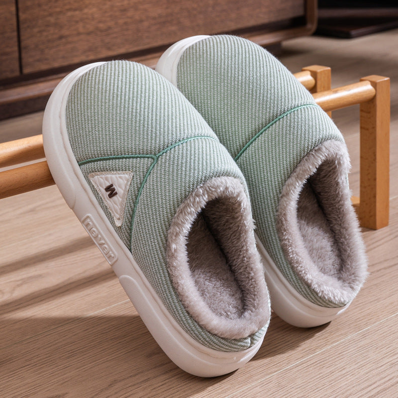 Solid Striped Winter Warm Fleece Home Slippers, Indoor Plush Shoes for Men, Women, and Couples