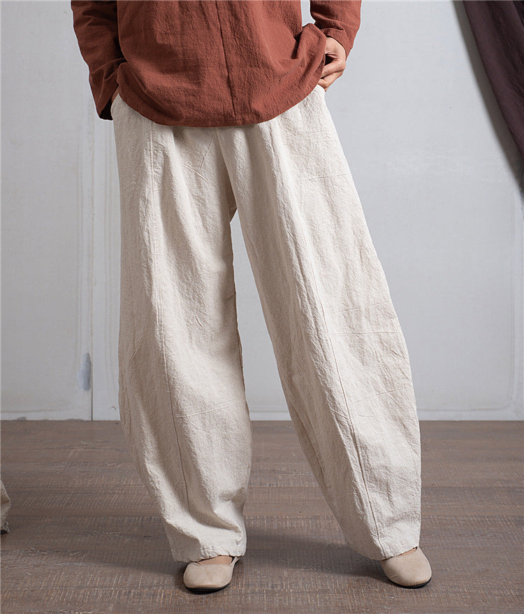 Women's Simple Casual Cotton Linen Harem Wide-leg Trousers Elastic Waist Pants