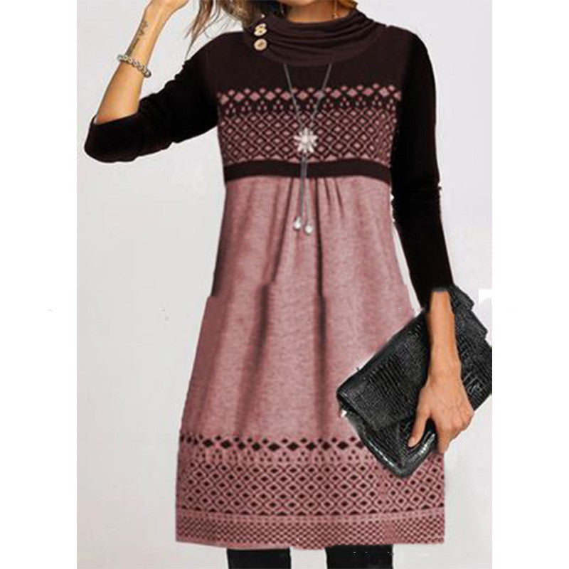 Colorblock Printed Long Sleeve Scarf Collar Dress