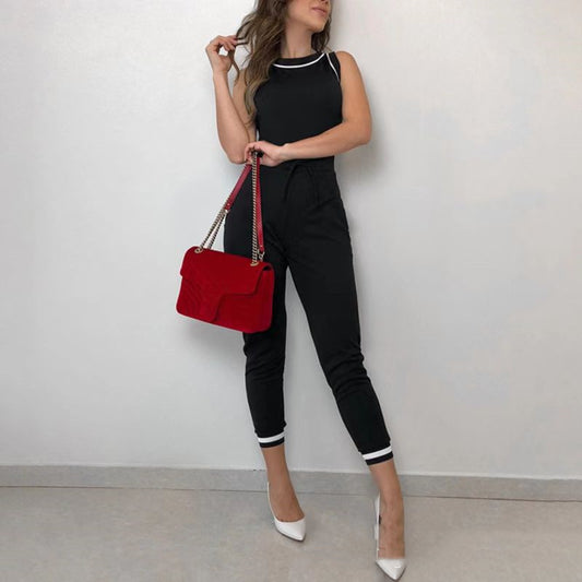 Round Neck Sleeveless Vest Contrast Color Jumpsuit