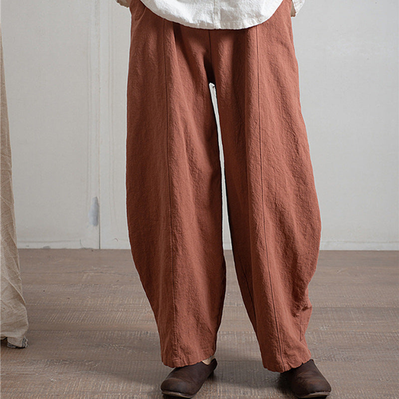 Women's Simple Casual Cotton Linen Harem Wide-leg Trousers Elastic Waist Pants