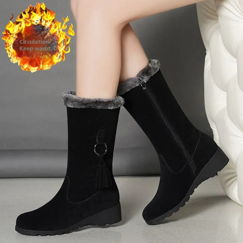 New Autumn and Winter Long Furry Collar Fleece-lined Martin Boots